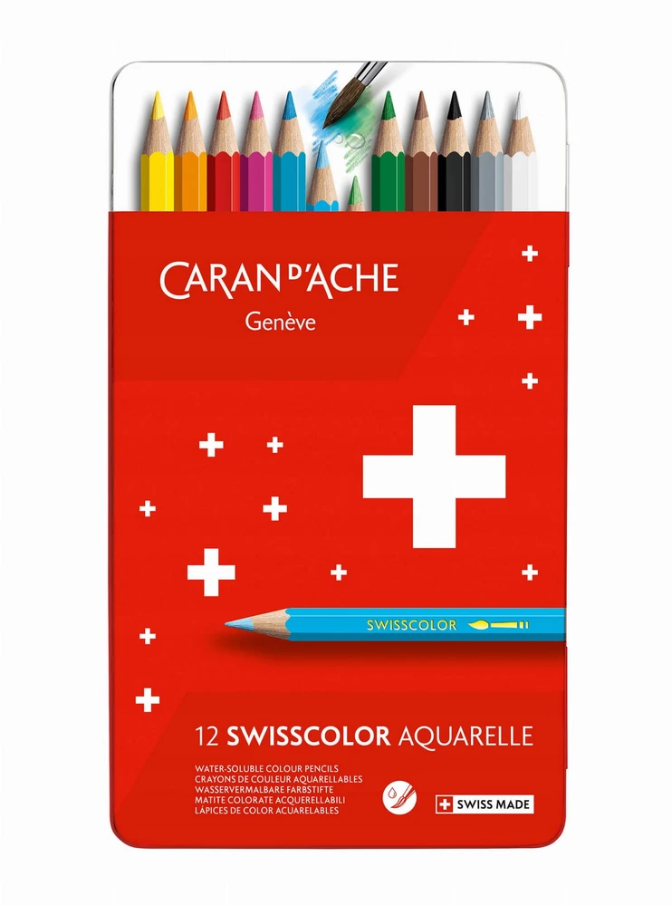 Caran D'ache Swisscolor akvarelinės kreidelės, metalinė dėžutė, 12 vnt.