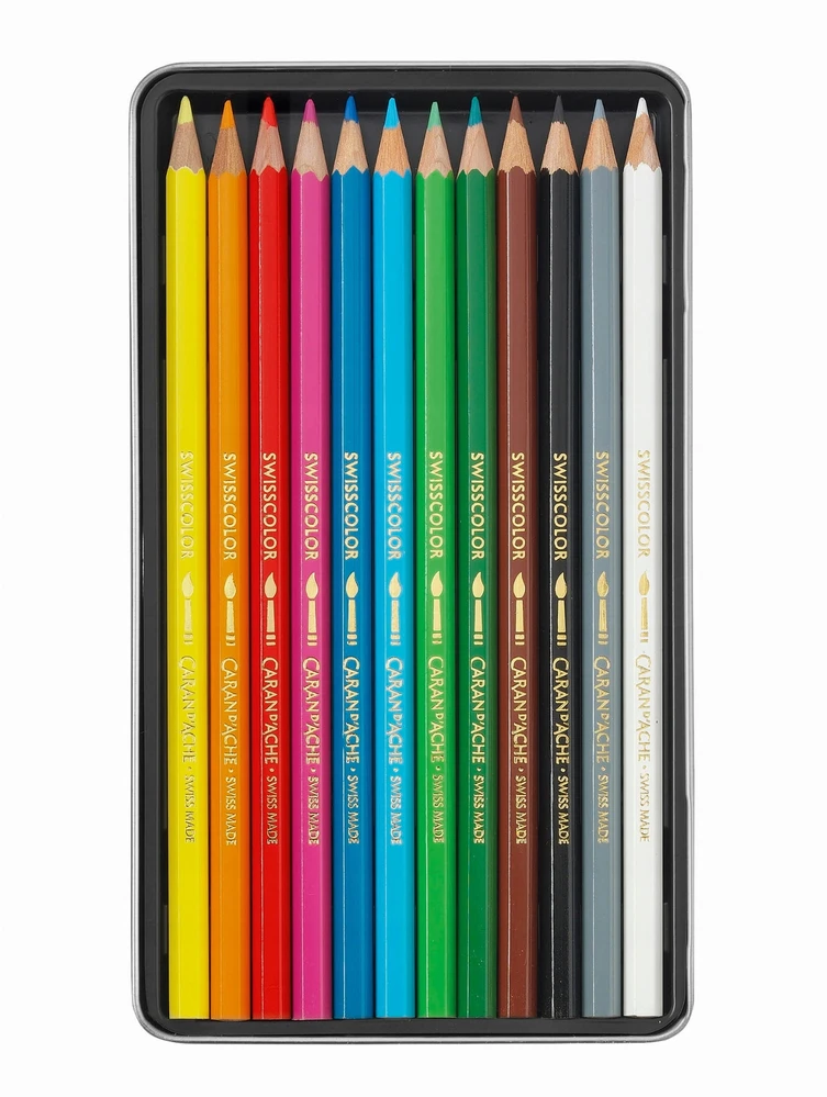 Caran D'ache Swisscolor akvarelinės kreidelės, metalinė dėžutė, 12 vnt.