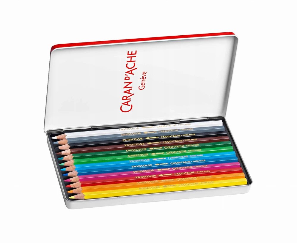 Caran D'ache Swisscolor akvarelinės kreidelės, metalinė dėžutė, 12 vnt.