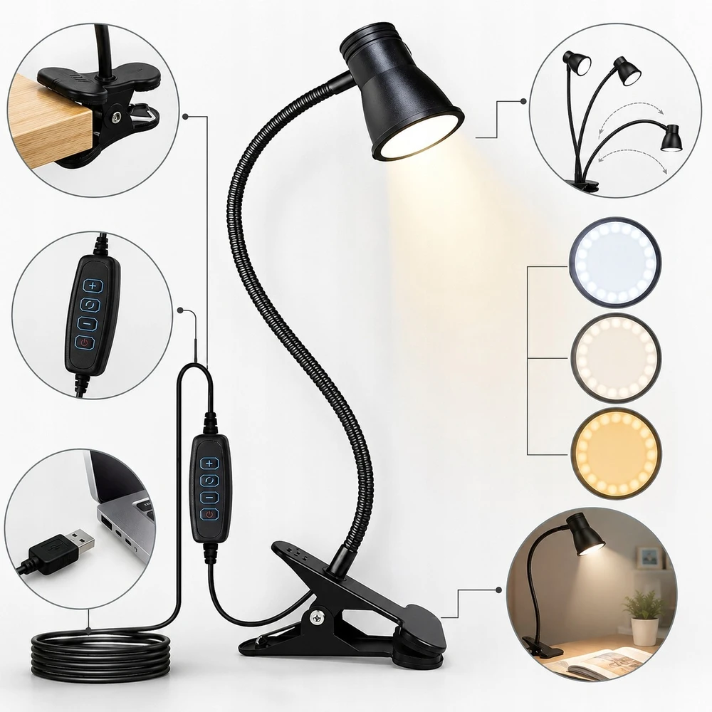 Carruzzo LAMPKA BIURKOWA LED NA KLIPS USB REGULOWANA SZKOLNA 3 BARWY DO CZYTANIA