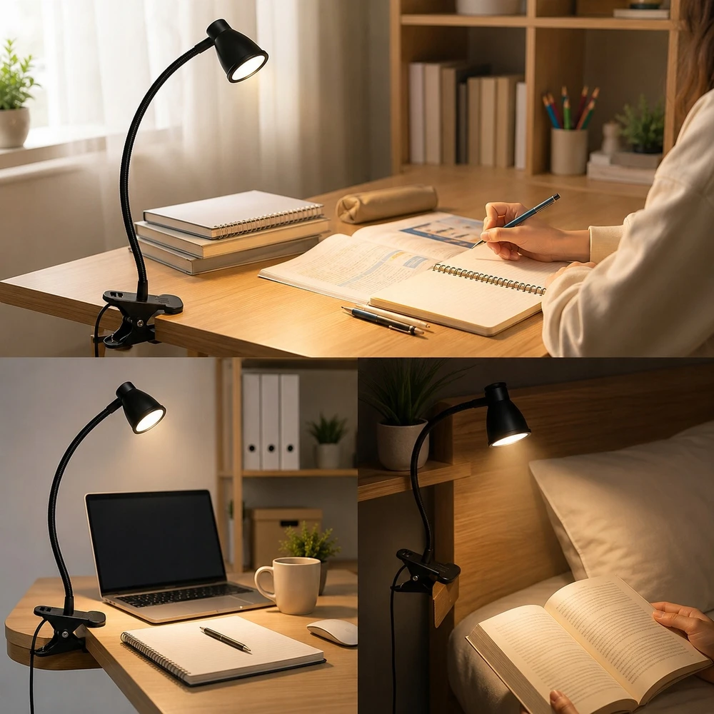 Carruzzo LAMPKA BIURKOWA LED NA KLIPS USB REGULOWANA SZKOLNA 3 BARWY DO CZYTANIA