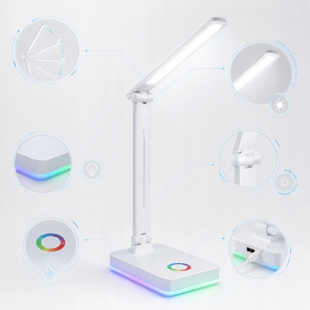 Carruzzo LAMPKA BIURKOWA LED RGB DOTYKOWA USB REGULOWANA SKŁADANA SZKOLNA DO NAUKI