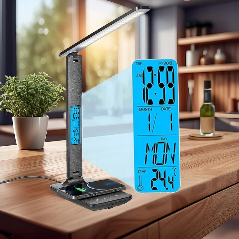 Carruzzo LAMPKA DO NAUKI PRACY Biurkowa LED ZEGAR BUDZIK TERMOMETR KALENDARZ premium