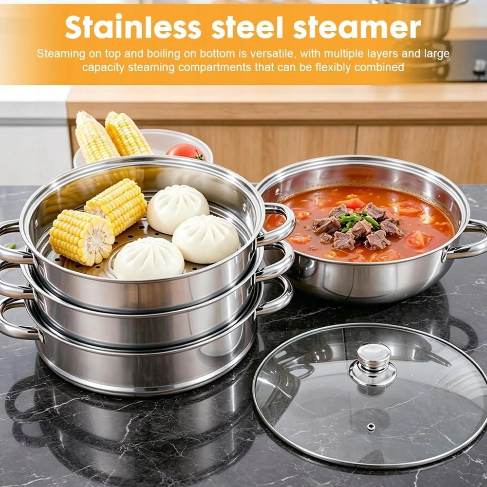 CE GARIKLIO 28 CM NERŪDIJANČIO PLIENO 3 pakopų stiklo dangtis
