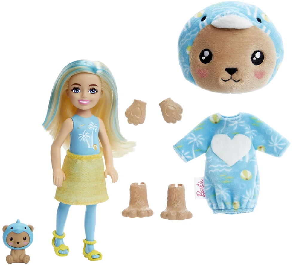 Mattel Čelsės „Cutie Reveal“ rinkinys, minkštutėlių kostiumų serija - meškutis + delfinas