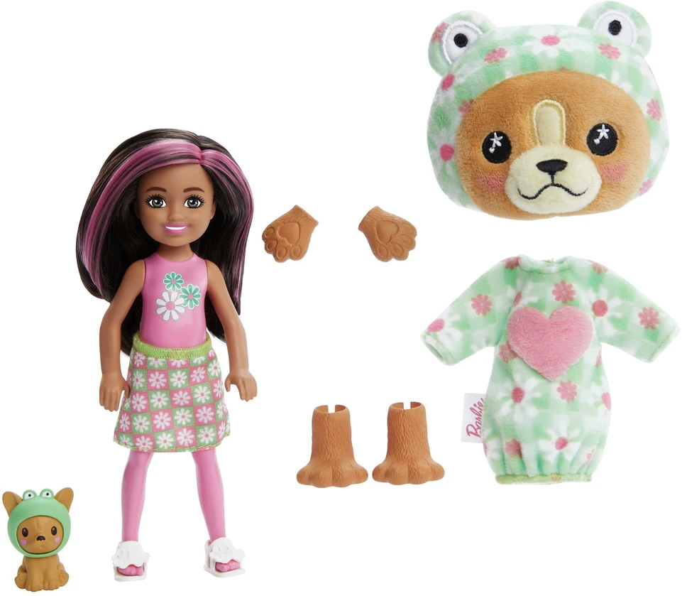 Mattel Čelsės „Cutie Reveal“ rinkinys, minkštutėlių kostiumų serija - šunelis + varlytė