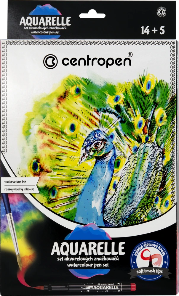 Centropen Vandens žymekliai Aquarelle 12 spalvų + priedai, 19 vnt.