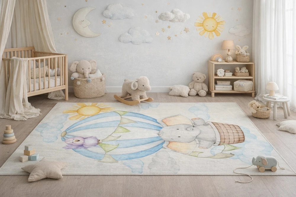 Chemex DYWAN Dziecięcy Drukowany KIDS 160x230 Balon Słoń Lot Słońce Podróż