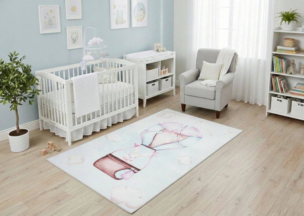 Chemex DYWAN Dziecięcy Drukowany KIDS 180x250 Zajączek Balon Lot Podróż Chmurki