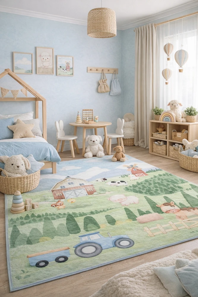 Chemex DYWAN Dziecięcy Drukowany KIDS 180x250 Wieś Traktor Krówka Młyn Las Zagroda