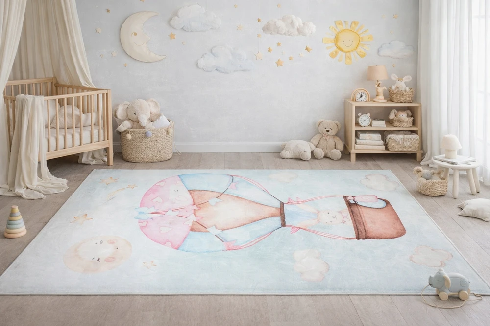 Chemex DYWAN Dziecięcy Drukowany KIDS 200x300 Zajączek Balon Lot Podróż Chmurki
