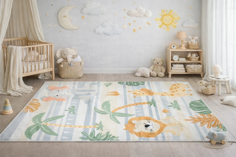 Chemex DYWAN Dziecięcy Drukowany KIDS 200x300 Lew Słoń Żyrafa Palma Safari