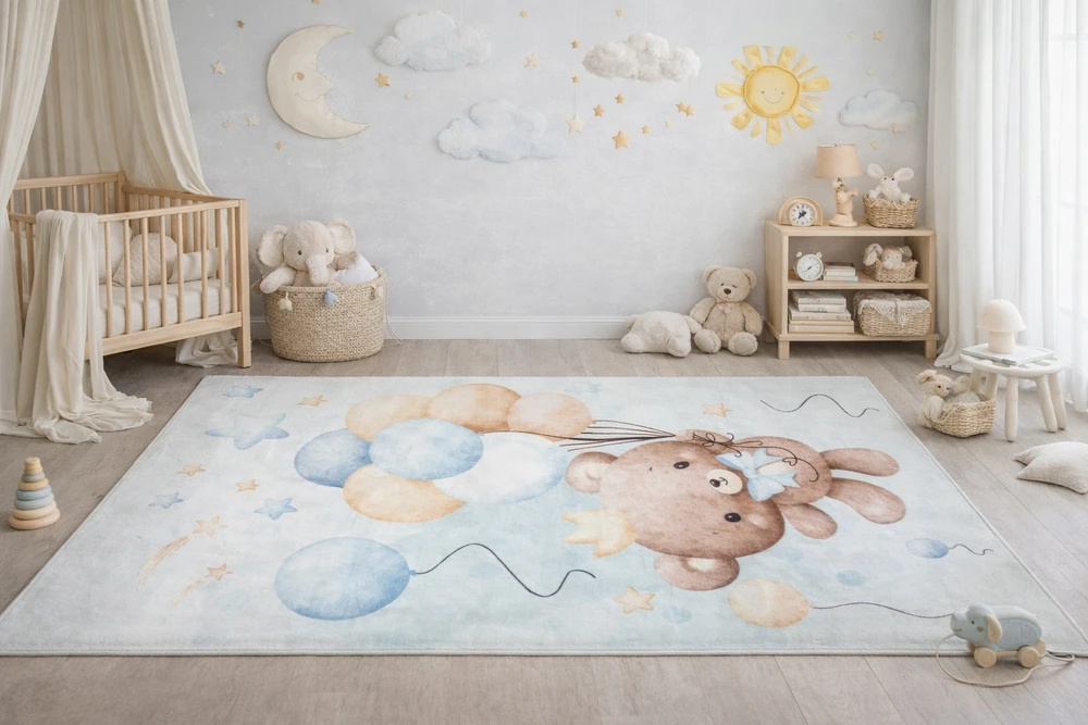 Chemex DYWAN Dziecięcy Drukowany KIDS 80x150 Meškiukas Kokardka Balony Gwiazdki Lot