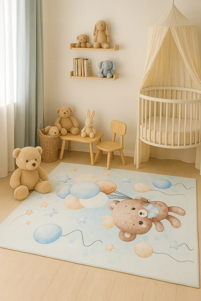 Chemex Dywan KIDS 120x170 miś w balony mėlyna dla chłopca pluszowy su misiem
