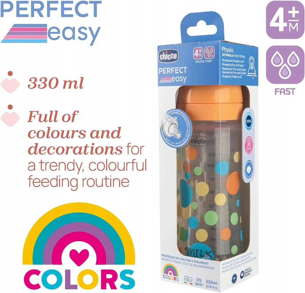 Chicco Perfect Easy kūdikių buteliukas nuo pilvo dieglių 330 ml greito srauto