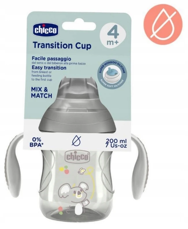 Dėklas Chicco Puodelio treniruočių kamuolys su minkštu kandikliu 200 ml 4 mėn.+