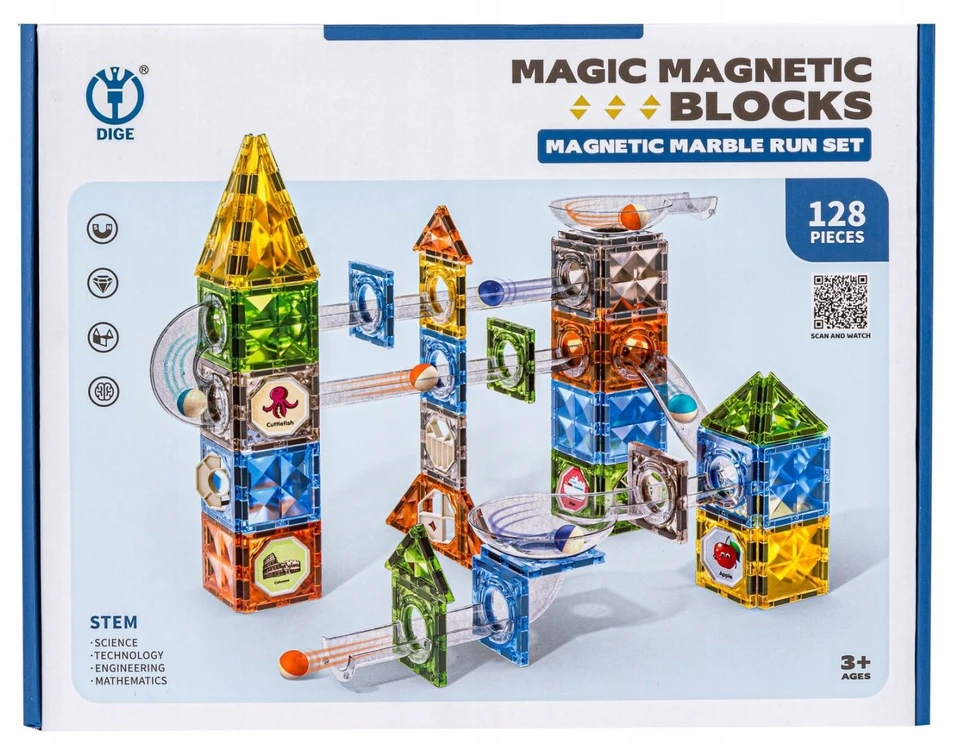 Chrld MAGNETINIAI KONSTRUKCINIAI BLOKAI RUTUULIO TAKAS 128 ELEMENTAI. KULODROMAS