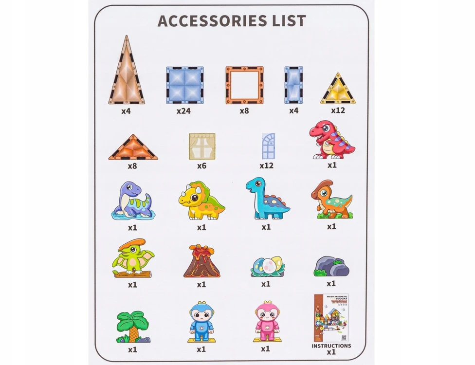 Chrld MAGNETINIAI KONSTRUKCINIAI KLAKAI DINOZAUURŲ PARKAS 90 ELEMENTŲ.