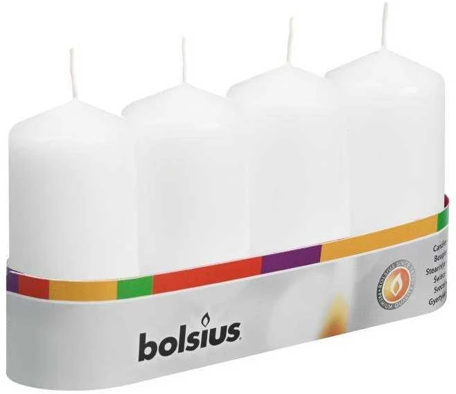 Cilindrinių žvakių rinkinys BOLSIUS, baltos sp., įvairių dydžių, 4 vnt