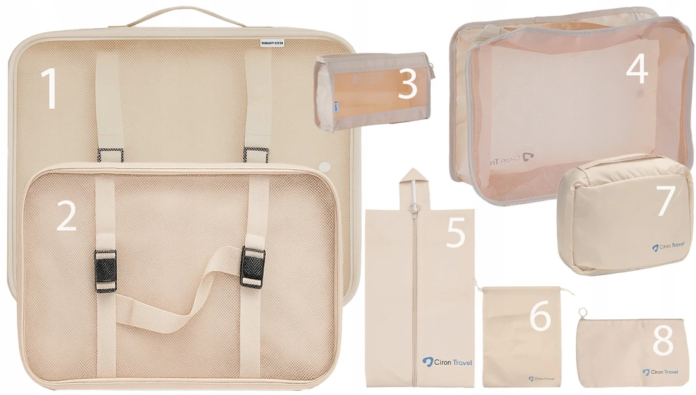 CIRON TRAVEL TRAVEL ORGANIZER RINKINYS kuprinės lagaminui 8 vnt. Smėlio spalvos