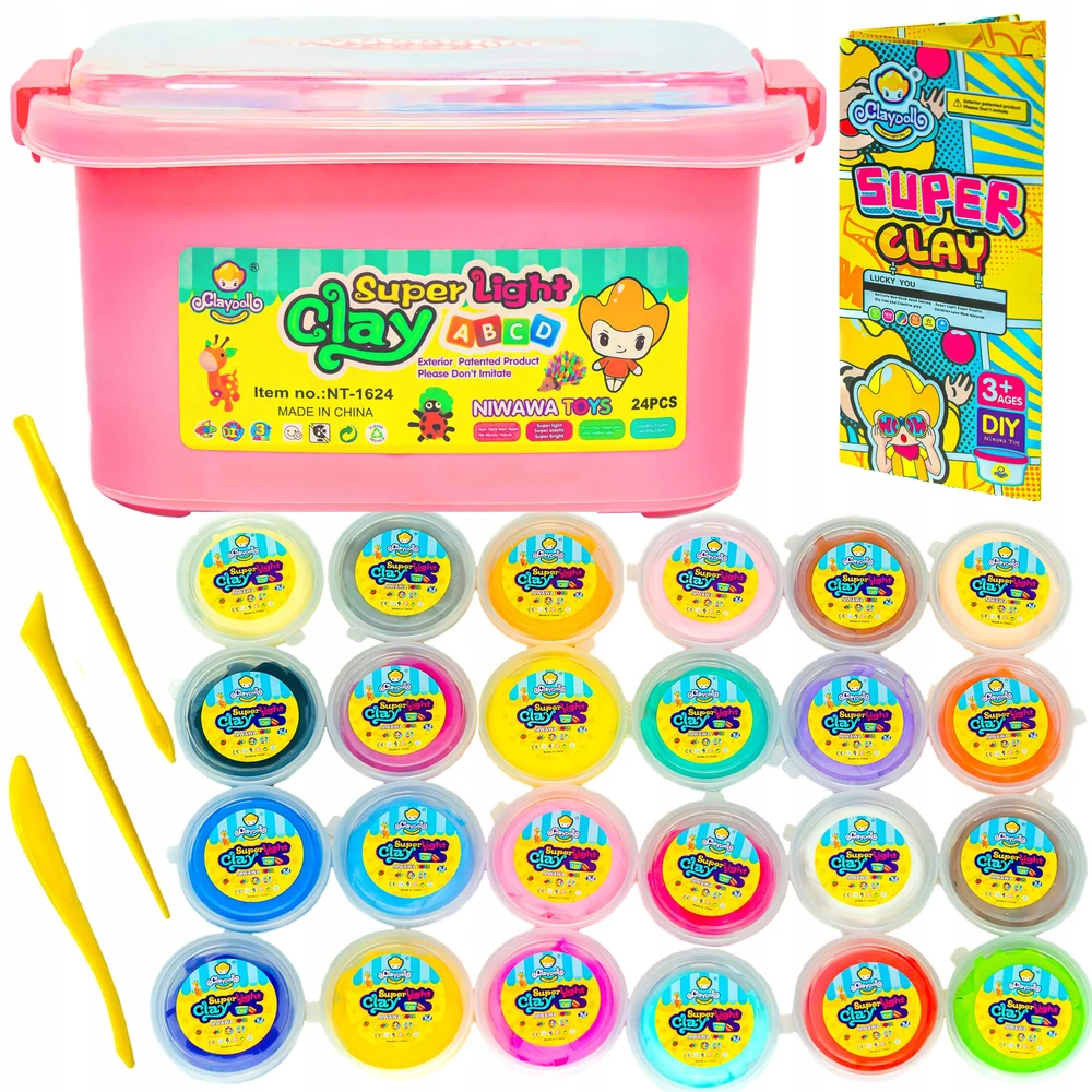 ClayDoll Super Light Clay PUTOLŲ RINKINYS 24 vnt. + PRIEDAI + MAGIC lagaminas PLASTIKOS PASTA