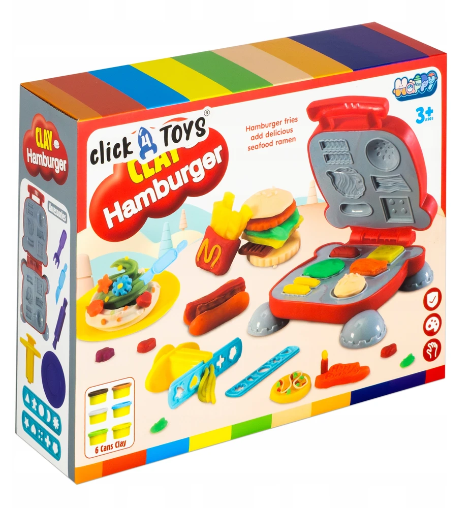 click4TOYS 6 TEŠLOS VIENETŲ RINKINYS + VAIKŲ PLASTIKOS PASTOS HAMBURGERIŲ MAŠINAS