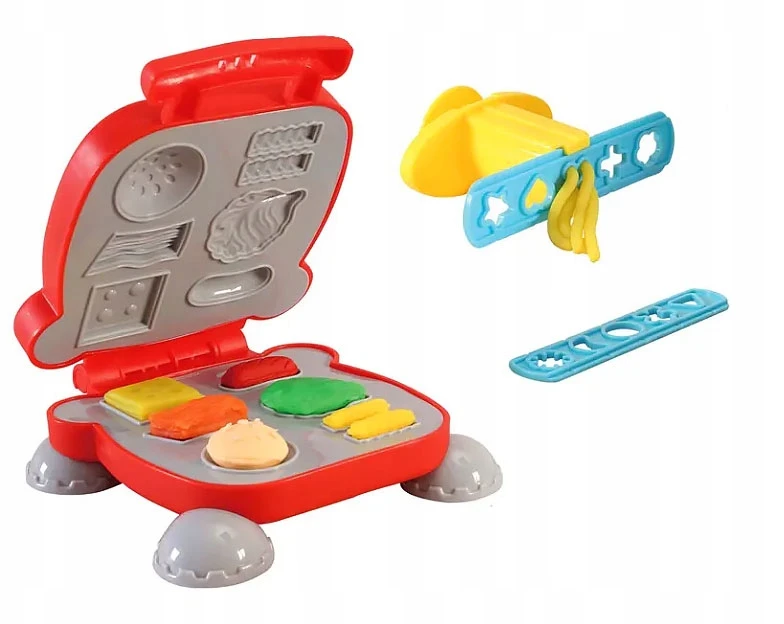 click4TOYS 6 TEŠLOS VIENETŲ RINKINYS + VAIKŲ PLASTIKOS PASTOS HAMBURGERIŲ MAŠINAS