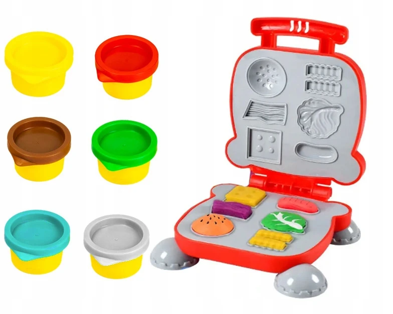 click4TOYS 6 TEŠLOS VIENETŲ RINKINYS + VAIKŲ PLASTIKOS PASTOS HAMBURGERIŲ MAŠINAS