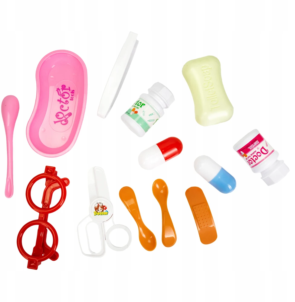Click4Toys GYDYTOJŲ RINKINYS VAIKAMS PIRMOSIOS PAGALBOS RINKINYS AŠARŲ LOKIS STETOSKOPO VAISTŲ PRIEDAI