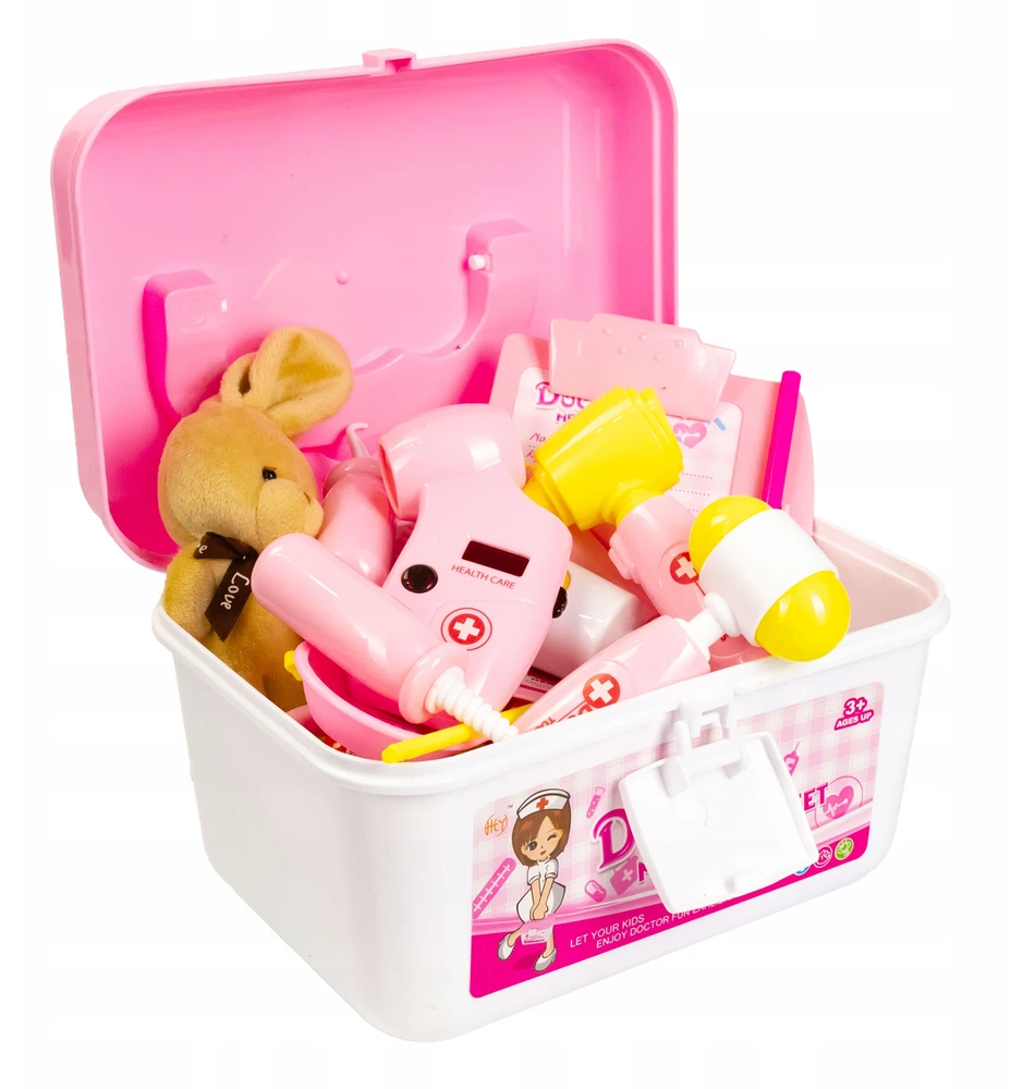 Click4Toys GYDYTOJŲ RINKINYS VAIKAMS PIRMOSIOS PAGALBOS RINKINYS AŠARŲ LOKIS STETOSKOPO VAISTŲ PRIEDAI