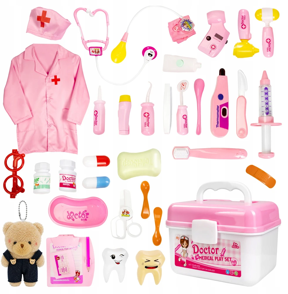 Click4Toys GYDYTOJŲ RINKINYS VAIKAMS PIRMOSIOS PAGALBOS RINKINYS AŠARŲ LOKIS STETOSKOPO VAISTŲ PRIEDAI