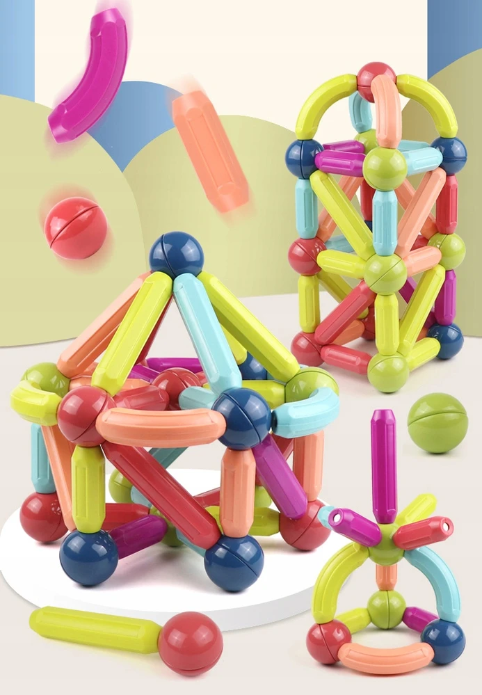 click4TOYS LAIKOMOJI MAGNETINIŲ VAMZDŽIŲ BLOKIAI VAIKAMS 72 EL DIDELIS RINKINYS + DĖŽĖ