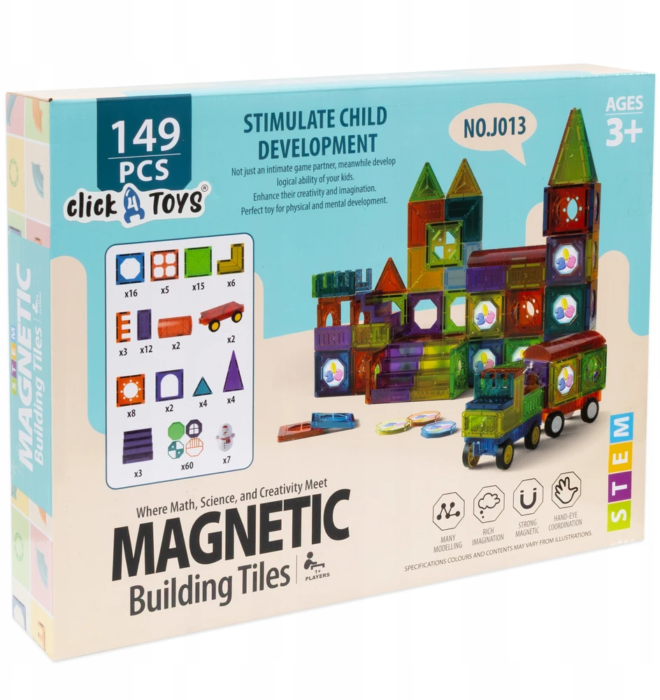 Click4Toys Magnetinės edukacinės kaladėlės vaikams 3D panelės 149 dalių didelis rinkinys