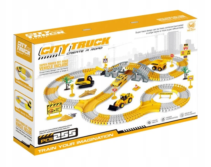 click4TOYS STATYBOS AIKŠTELĖ AUTOMOBILIŲ LENKTYNŲ TRASAS STATYBINĖS TRANSPORTO PRIEMONĖS EKSKAVATORIUS AUTO 255EL.