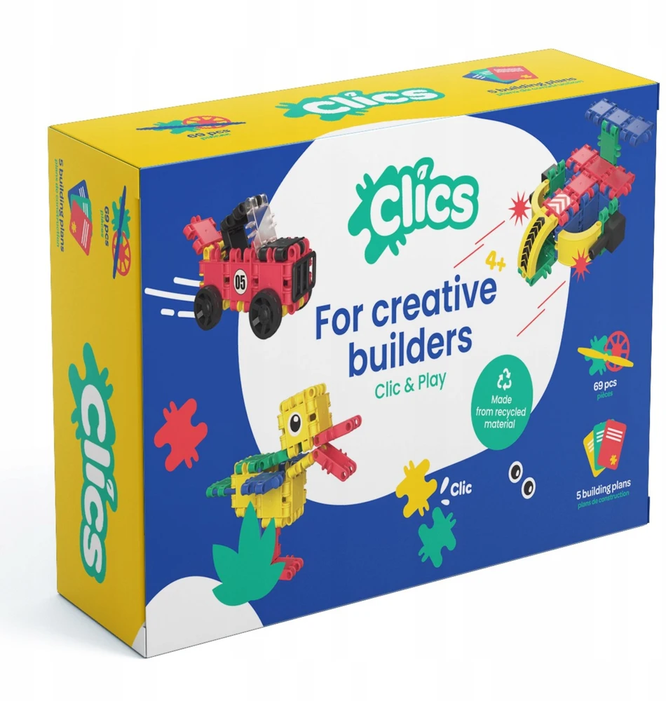 Clics toys KONSTRUKCINIAI KLUOKAI VAIKAMS CLICS RC001 dėžutė 5in1 69 vnt. SPAUSKITE PRADĖTI