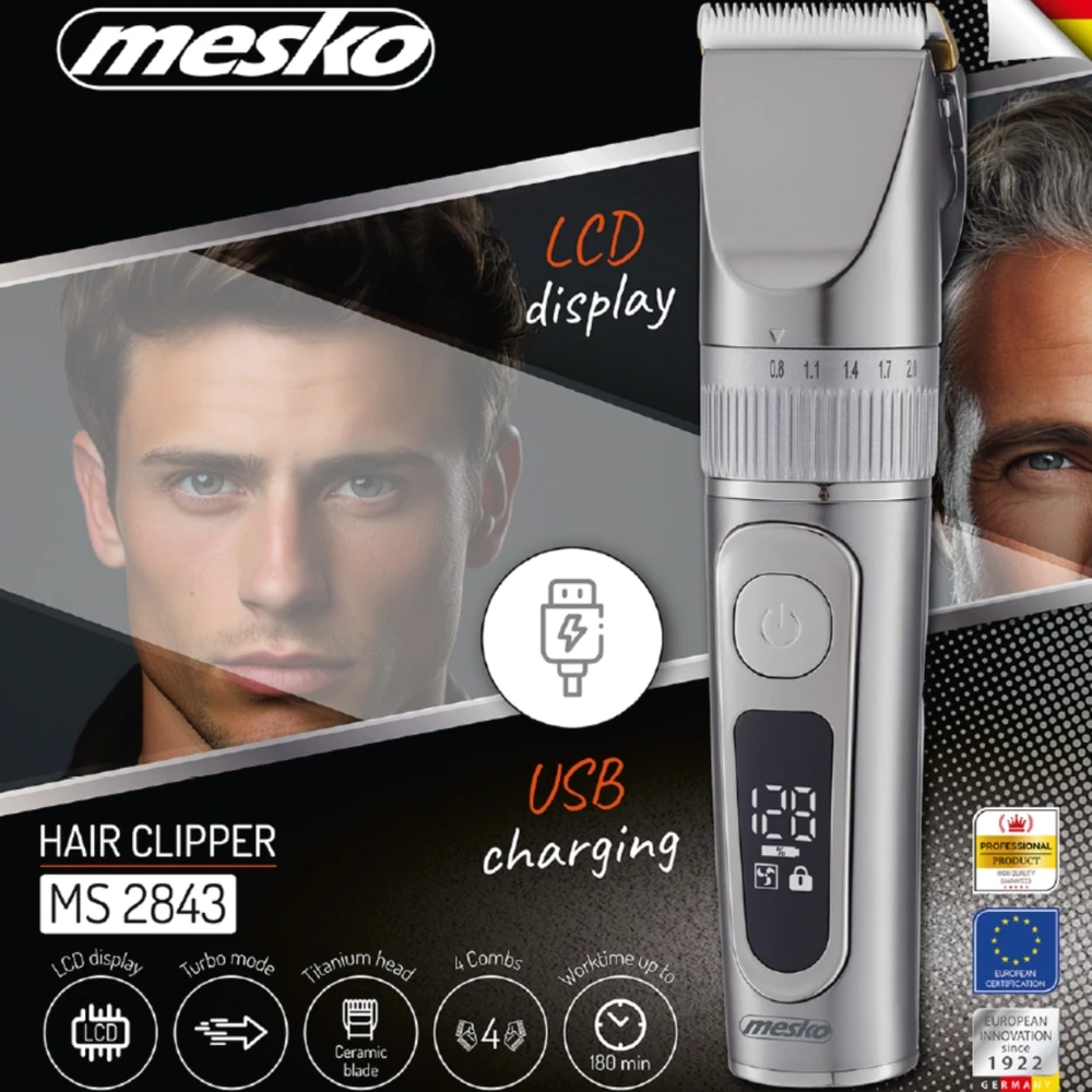 Mesko Professional Clipper, titano, LCD, IPX6, darbo laikas 180 min. Mesko MS 2843