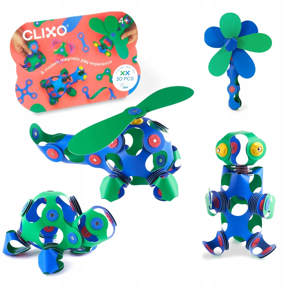"Clixo" magnetinės kaladėlės - "Crew Pack" - žalios ir mėlynos spalvos - 30 el.