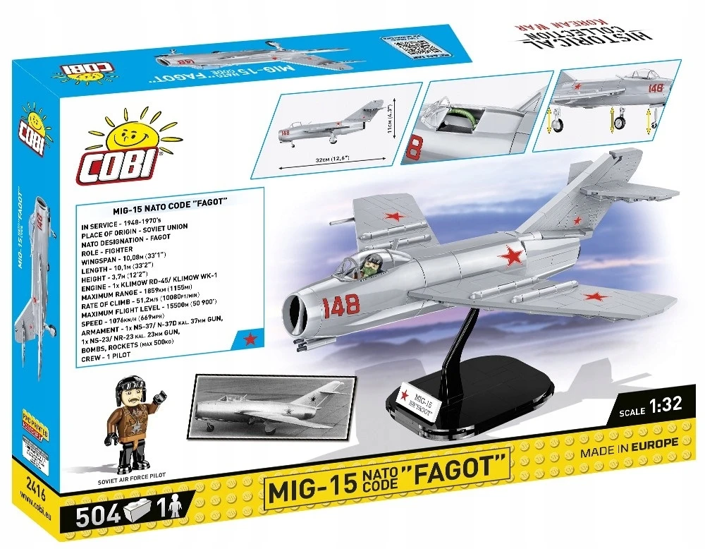 Code COBI 2416 istorinė kolekcija Korėjos karas Korėjos karo naikintuvas MIG-15 NATO KODAS "FAGOT" 504 kaladėlės