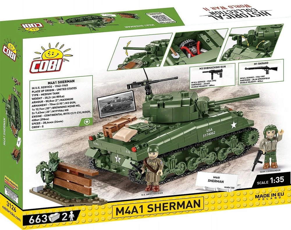 COBI 3126 blokuoja pagrindinį kovinį tanką SHERMAN M4A1, amerikietišką vidutinį tanką