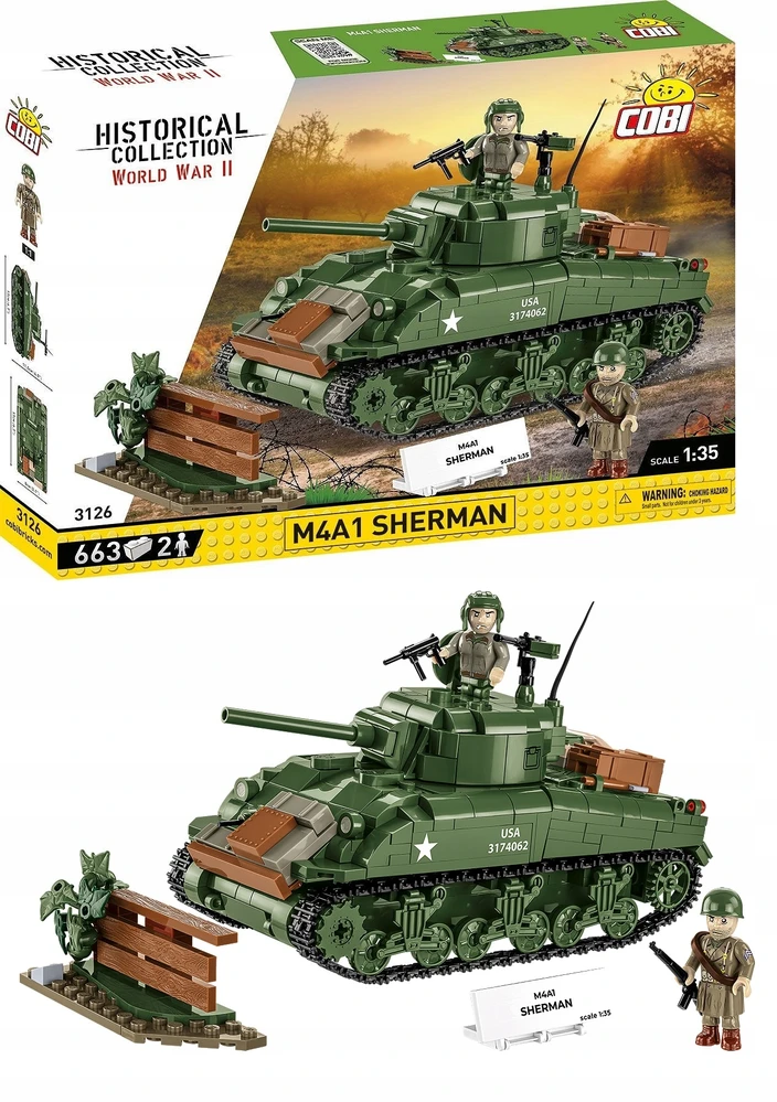 COBI 3126 blokuoja pagrindinį kovinį tanką SHERMAN M4A1, amerikietišką vidutinį tanką