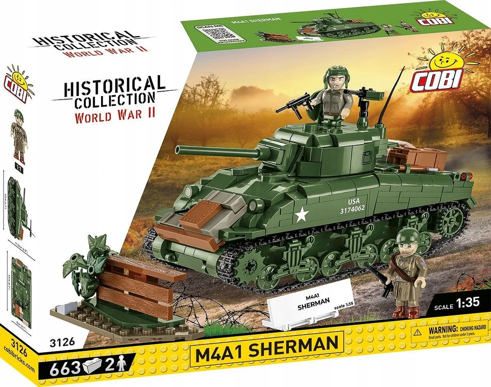 COBI 3126 blokuoja pagrindinį kovinį tanką SHERMAN M4A1, amerikietišką vidutinį tanką