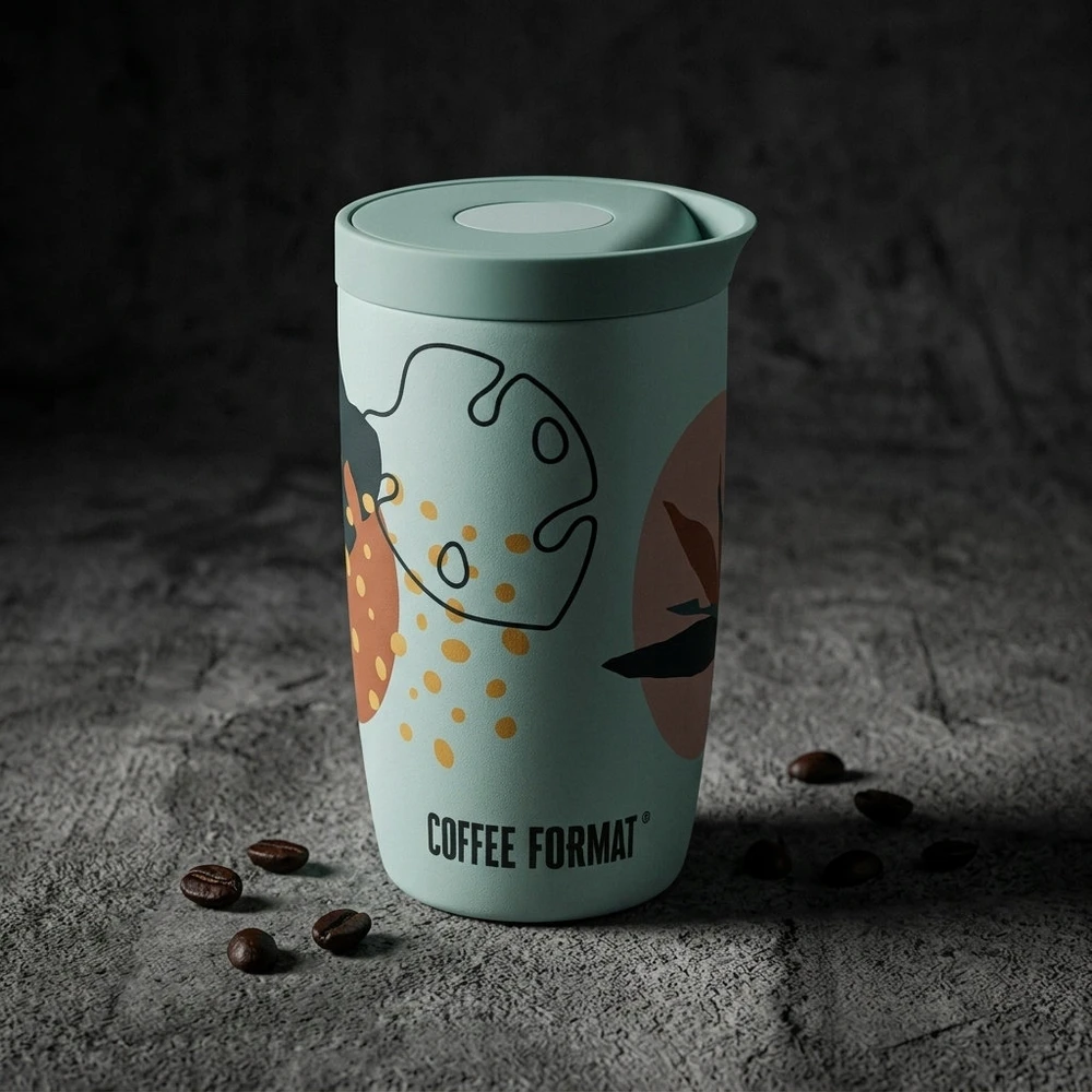 Coffee Format kavos puodelis 350 ml Mėtinis termo puodelis su augaliniu motyvu