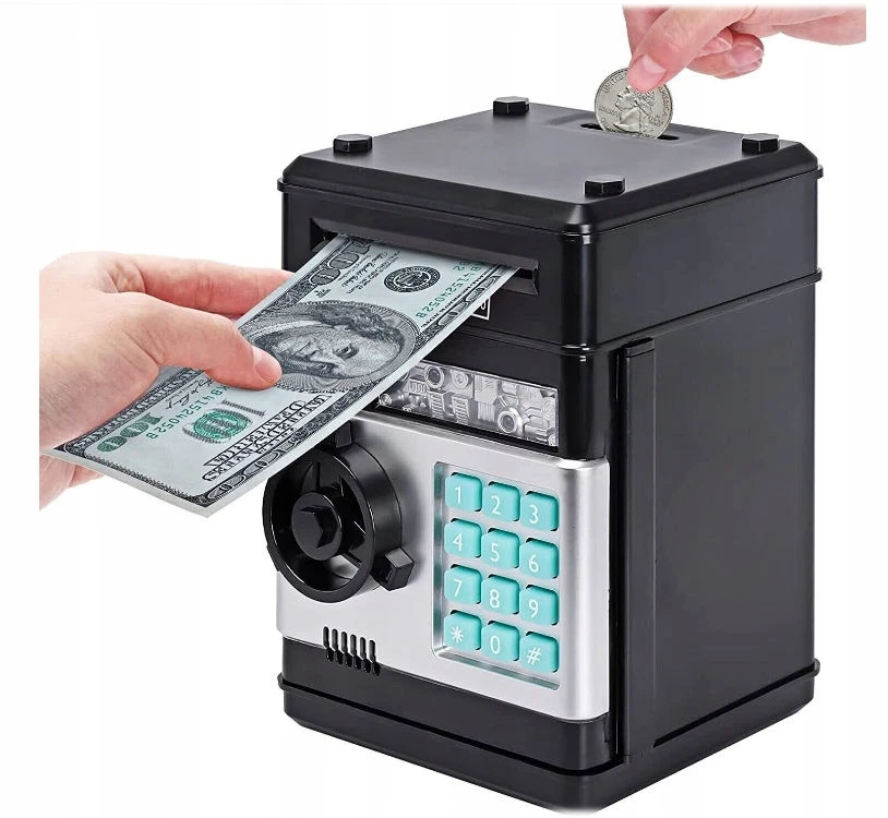 COIL taupyklė monetoms, banknotams, bankomatui, pinigams, atidaroma PIN kodu, grynųjų pinigų įnešimo aparatas, juodos ir sidabrinės spalvos