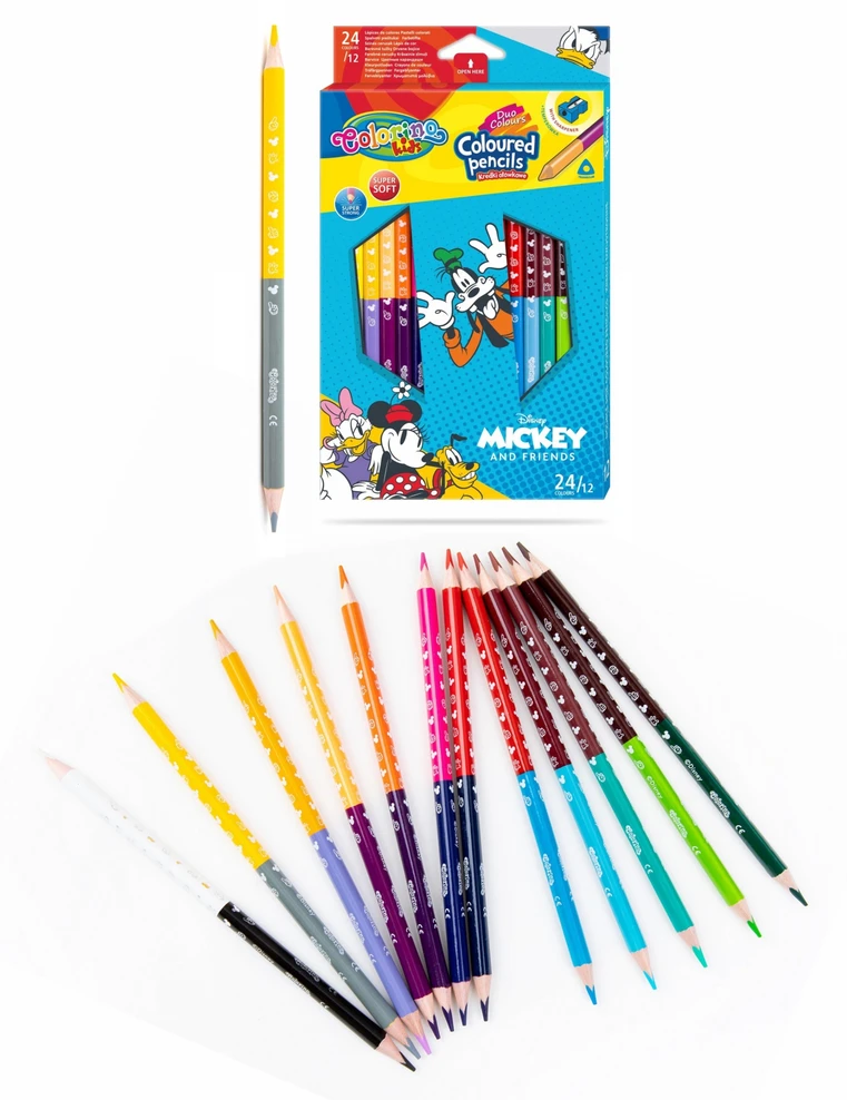 Colorino Vaikiški trikampiai pieštukai 24 spalvų 12 vienetų su galąstuvu Mickey - Patio