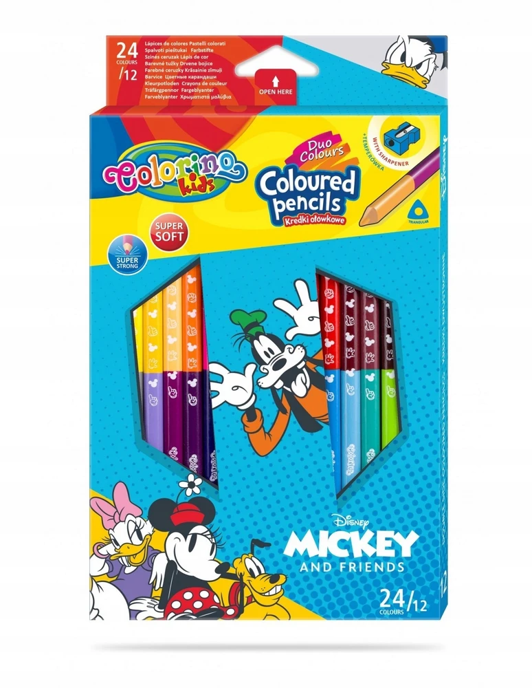 Colorino Vaikiški trikampiai pieštukai 24 spalvų 12 vienetų su galąstuvu Mickey - Patio