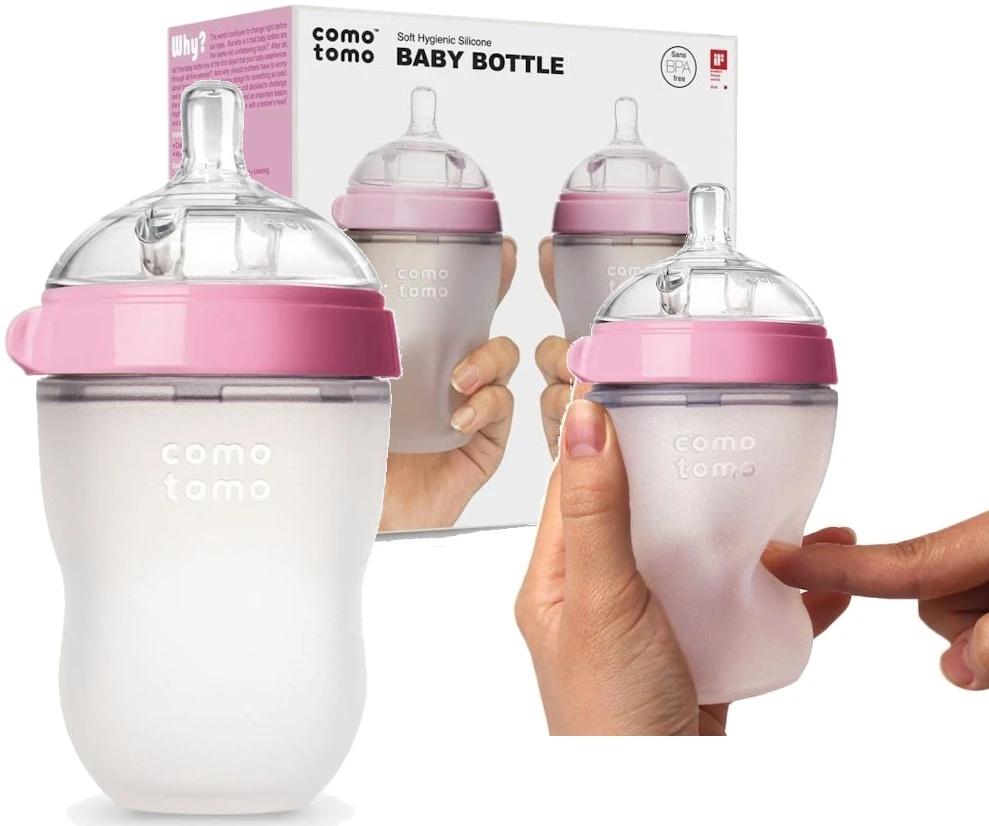 COMOTOMO - 2 silikoniniai buteliukai nuo pilvo dieglių MOM'S BREAST 250 ml Rožinė BABY