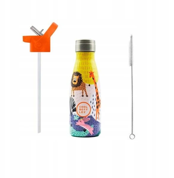 Cool Bottles - Nerūdijančio plieno vaikiškas buteliukas su šiaudeliu arba užsukimu, 260ml (Savannah Kingdom)