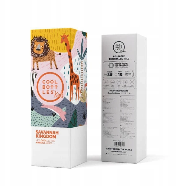 Cool Bottles - Nerūdijančio plieno vaikiškas buteliukas su šiaudeliu arba užsukimu, 260ml (Savannah Kingdom)