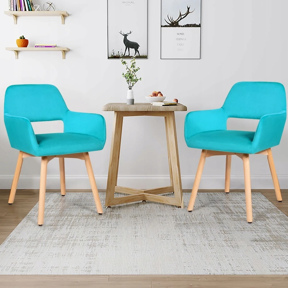 Costway 2 modernių aksominių kėdžių medinėmis kojelėmis rinkinys, mėlynas
