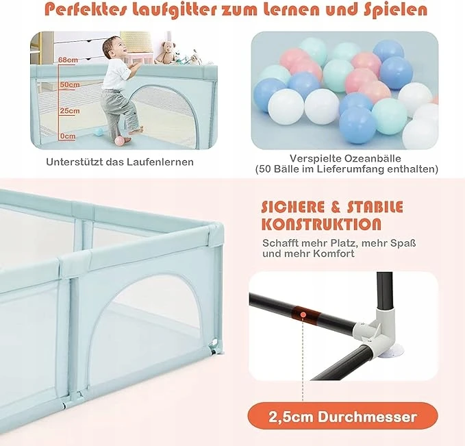 Costway Duży kojec dla dziecka i niemowląt su 50 niebieskimi kulkami